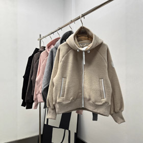 Doune d'oie et laine d'agneau double face polaire épais et chaud veste à capuche à fermeture éclairée-5298  