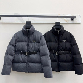 Prada stand-col tissu de laine à manches longues ceinture épaissi chaud veste-5346  