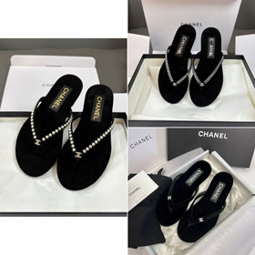 Chanel strass et perle embellie velours sandales à tange plate-5697  