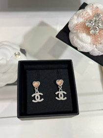 Chanel rose petit cœur argent plein diamant double C boucles d'oreilles-3747  