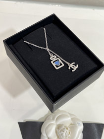Chanel bleu cœur argent plein diamant double C bouteille de parfum collier-3750  